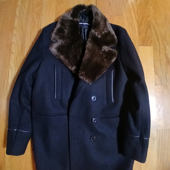 Karl Lagerfeld Black Pea Coat with Brown Fur Collar - Picture 2 of 5